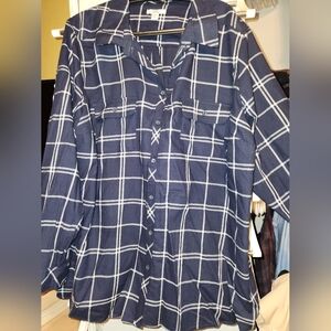NWT Croft & Barrow Navy White Window Pane Plaid Button Front Shirt Sz 3x